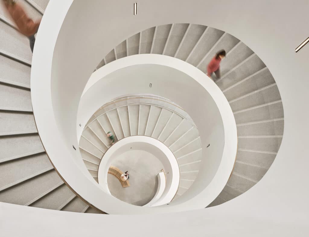Aerial shot of Buddy Holly Hall stairs