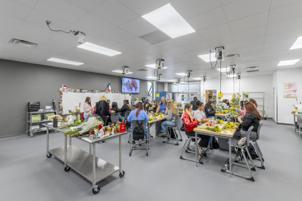 Interior photograph of Lubbock ISD AgriStem Building during floral design class