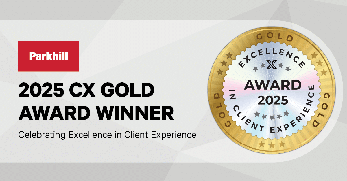 Graphic recognizing Parkhill as Client Savvy 2025 CX Gold Award Winner for client excellence