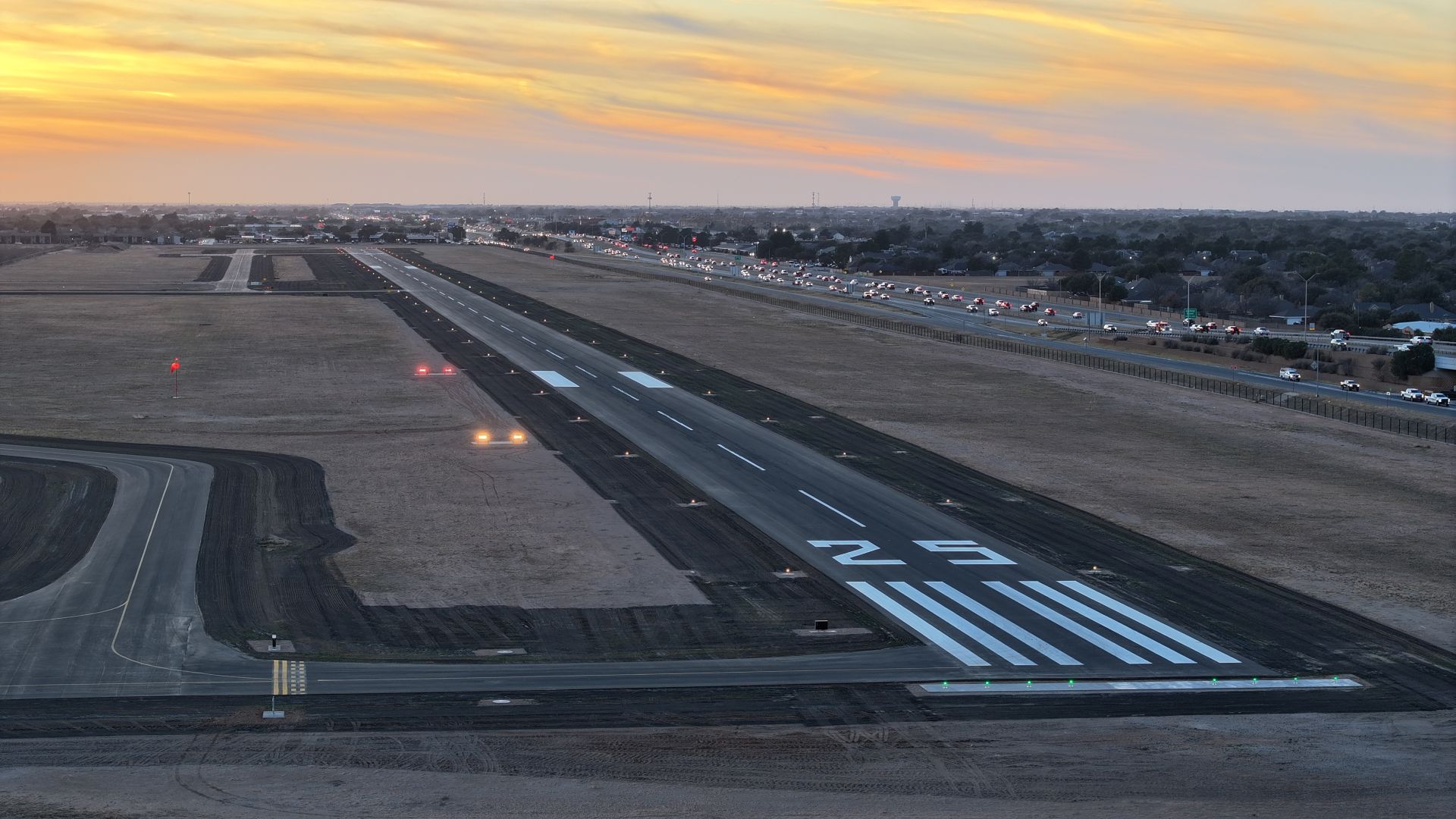 aerial shot of the midland airpark at dusk