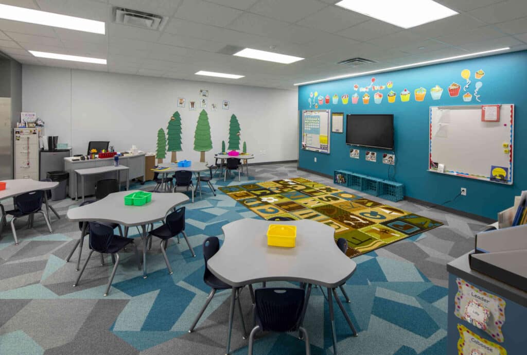 colorful classroom with tv in Friona ISD Primary School