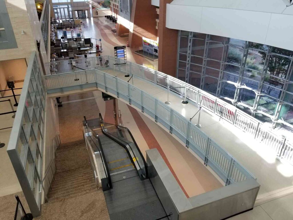 Top of stairs at checkpoint at Midland International