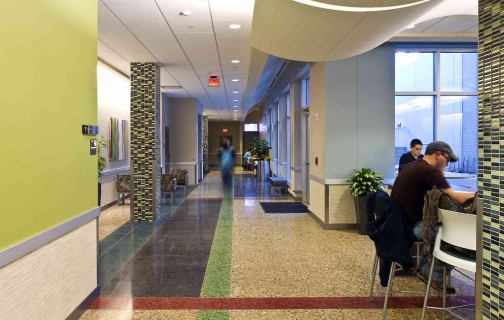 interior shot of TTU Jerry S. Rawls College of Business Administration with students
