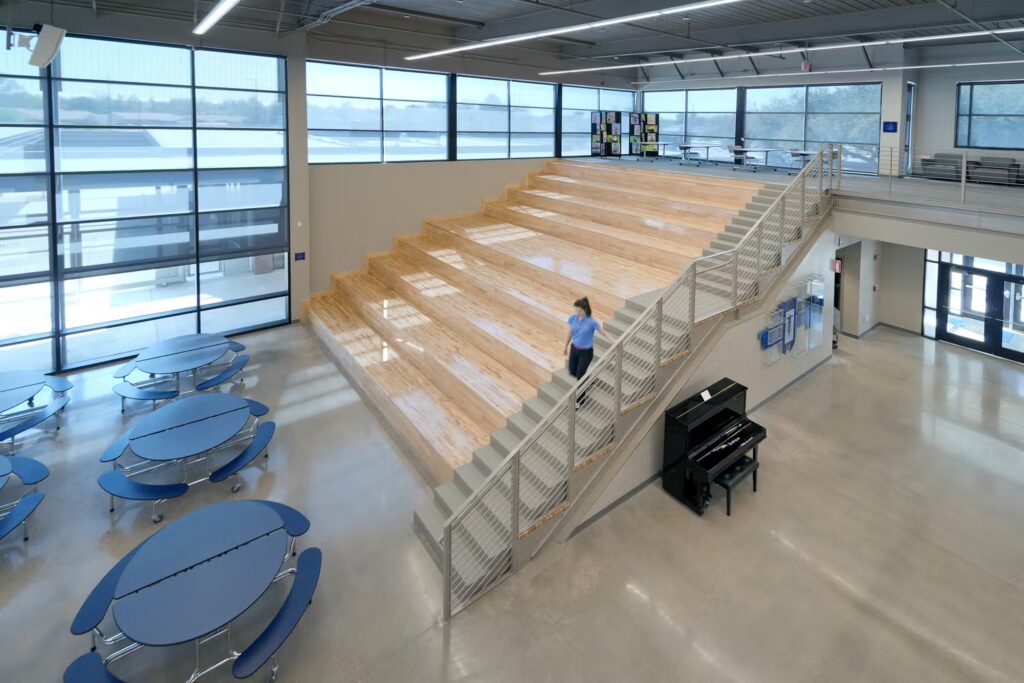 Interior view of stairs and someone walking